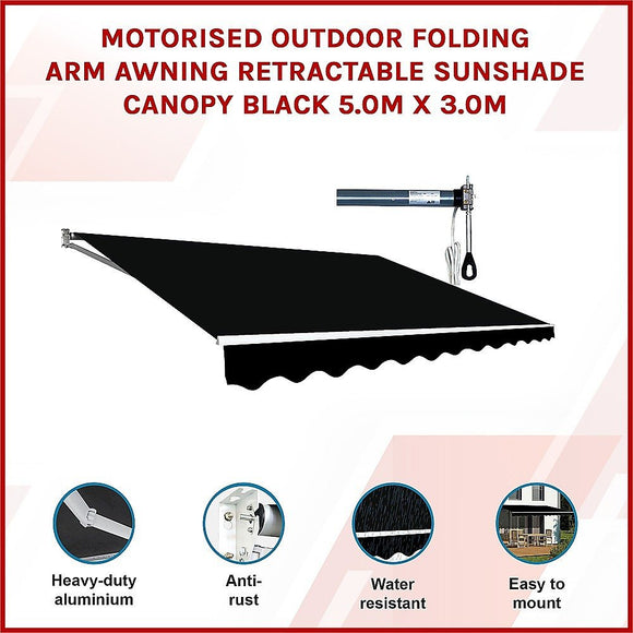 Motorised Outdoor Folding Arm Awning Retractable Sunshade Canopy Black 5.0m x 3.0m - RnR Galore