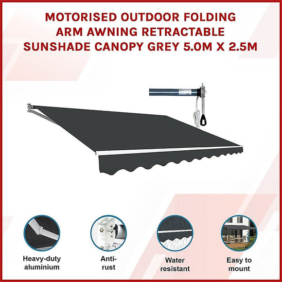 Motorised Outdoor Folding Arm Awning Retractable Sunshade Canopy Grey 5.0m x 2.5m - RnR Galore