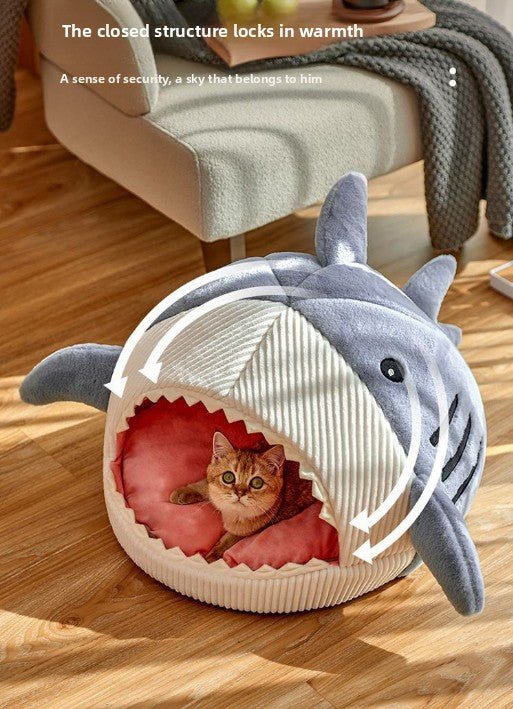 Novelty Shark Pet Cave Bed Enclosed Cozy Sleeping Nest for Cats and Small Dogs Soft Flannel Year Round Comfort Light Blue M Size - RnR Galore