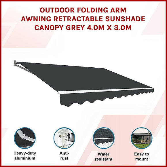 Outdoor Folding Arm Awning Retractable Sunshade Canopy Grey 4.0m x 3.0m - RnR Galore