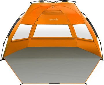 OutdoorMaster Pop Up 3 - 4 Person Beach Tent X - Large - Easy Setup, Portable Beach Shade Canopy Folding Sun Shelter with UPF 50+ UV Protection Removable Skylight Family Size (Orange) - RnR Galore