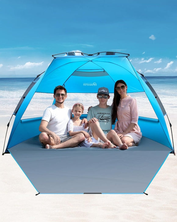 OutdoorMaster Pop Up 3 - 4 Person Beach Tent X - Large - Easy Setup, Portable Beach Shade Canopy Folding Sun Shelter with UPF 50+ UV Protection Removable Skylight Family Size (Blue) - RnR Galore