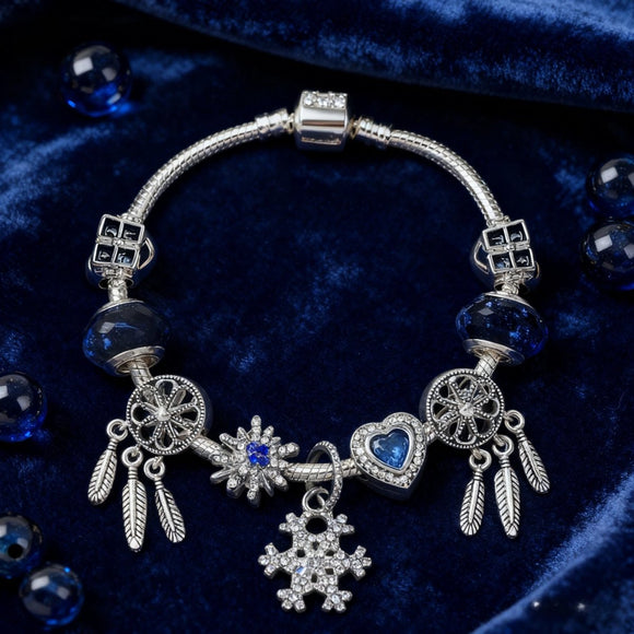 Pandora - Style Rhinestone Blue Cat’s Eye Heart Bracelet: Glass Beads, Dreamcatcher Feather Snowflake(20cm) - RnR Galore