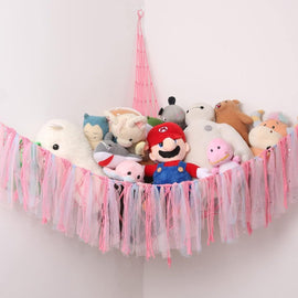 Pink Corner Plush Toy Organizer (100x100x150cm) with Ribbon Accent & Installation Kit - Handwoven Cotton Mesh Toy Storage Hammock - RnR Galore