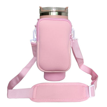 Pink Crossbody Tumbler Carrier with Detachable Wallet Pouch and Adjustable Strap - RnR Galore
