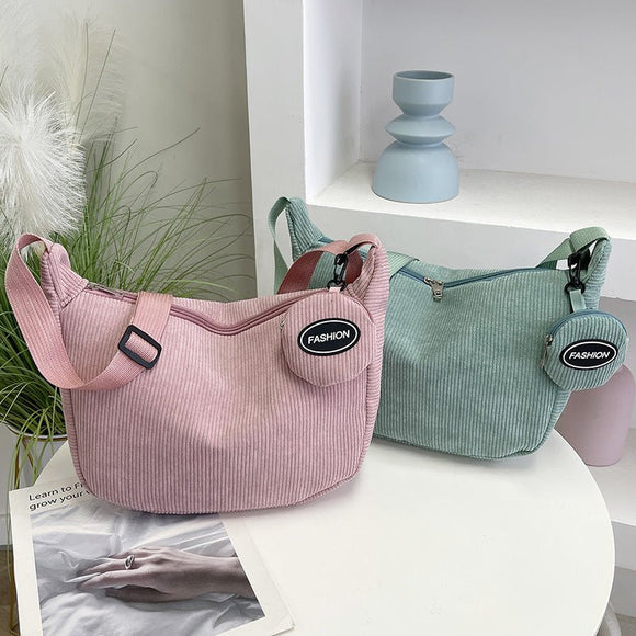 Pink Minimalist Corduroy Crossbody Bag – Large Capacity Single Shoulder & Diagonal Sling Bag in Korean Style - RnR Galore