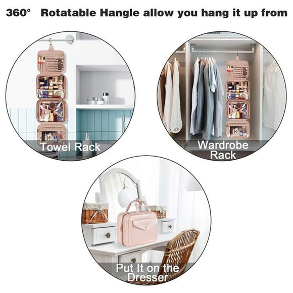Pink Portable Large Hanging Womens' Luxury PU Leather Cosmetic Bag - Waterproof Travel Toiletry Organizer , Easy Visibility & Durable - RnR Galore