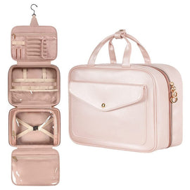 Pink Portable Large Hanging Womens' Luxury PU Leather Cosmetic Bag - Waterproof Travel Toiletry Organizer , Easy Visibility & Durable - RnR Galore