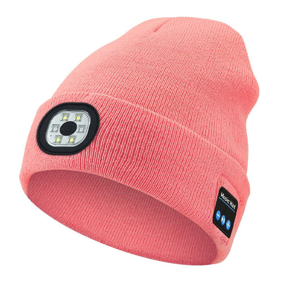 Pink Wireless Bluetooth Beanie Hat with USB Rechargeable LED Headlight - Unisex Knit Cap for Running & Camping - RnR Galore
