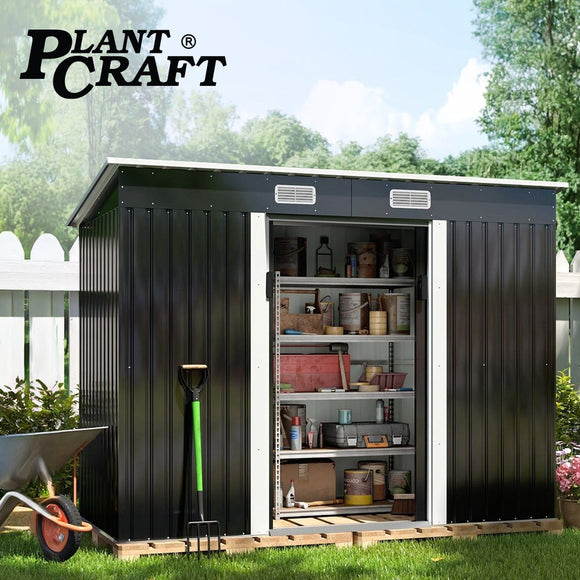 PlantCraft Galvanised Steel Garden Shed 2.38 x 1.31 x 1.82m, with 2 Sliding Doors, 2 Air Vents, Skillion Roof, Floor Frame - RnR Galore