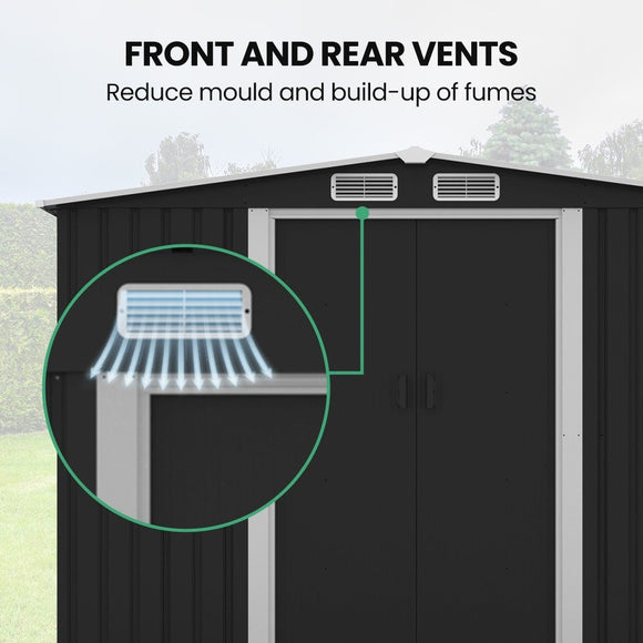 PLANTCRAFT Galvanised Steel Garden Shed 2.58 x 2.07 x 2.02m, with 2 Sliding Doors, 4 Air Vents, Gable Roof, Floor Frame, Black - RnR Galore