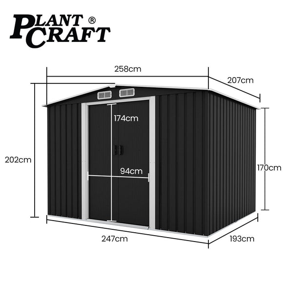 PLANTCRAFT Galvanised Steel Garden Shed 2.58 x 2.07 x 2.02m, with 2 Sliding Doors, 4 Air Vents, Gable Roof, Floor Frame, Black - RnR Galore