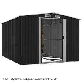 PlantCraft Galvanised Steel Garden Shed 2.58 x 3.13 x 2.02m, with 2 Sliding Doors, 4 Air Vents, Gable Roof, Floor Frame - RnR Galore