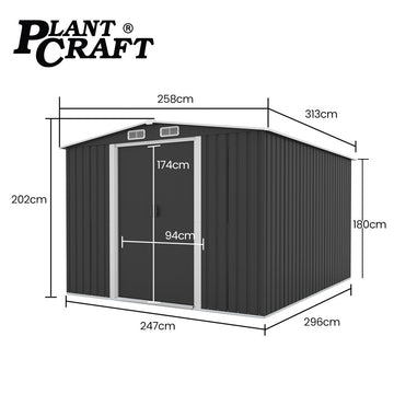 PlantCraft Galvanised Steel Garden Shed 2.58 x 3.13 x 2.02m, with 2 Sliding Doors, 4 Air Vents, Gable Roof, Floor Frame - RnR Galore