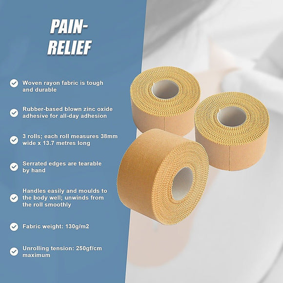 Premium Rigid Sports Strapping Tape - 3 Rolls of 38mm X 13.7M - RnR Galore