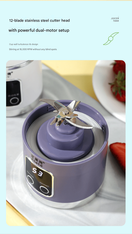 Purple 7.4V Portable Blender Smoothie Maker 450ml Wireless Rechargeable Juicer Cup with 12 - Blade Stainless Steel Cutter, LED Digital Display, USB Charging Personal Blender for Travel Gym Office Home - RnR Galore