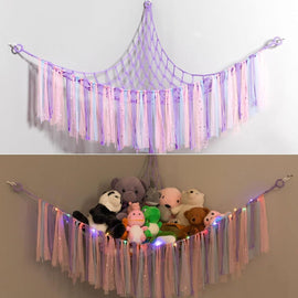 Purple Corner Plush Toy Organizer (100x100x150cm) with Ribbon Accent & Installation Kit - Handwoven Cotton Mesh Toy Storage Hammock - RnR Galore