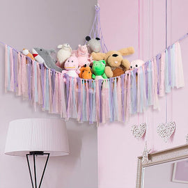 Purple Corner Plush Toy Organizer (100x100x150cm) with Ribbon Accent & Installation Kit - Handwoven Cotton Mesh Toy Storage Hammock - RnR Galore
