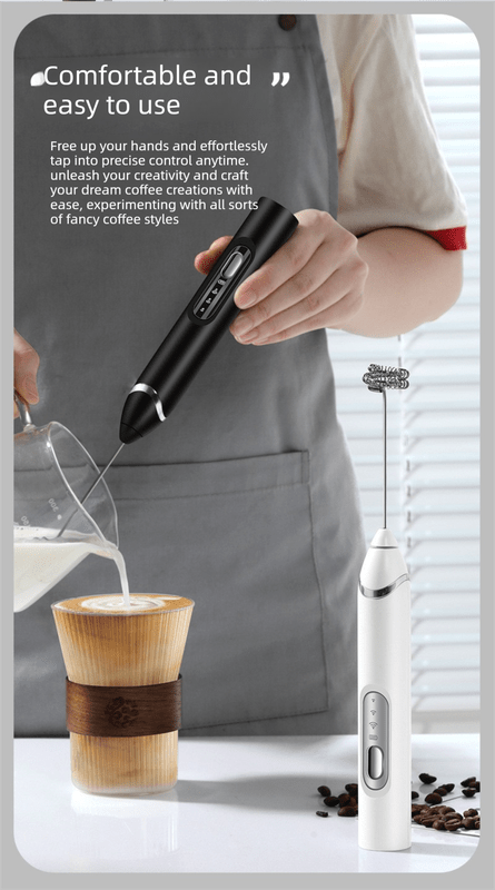 Rechargeable 3 - in - 1 Milk Frother Set with Metal Stand - Handheld Electric Whisk, Egg Beater & Mixing Hook - 3 Speed Foam Maker for Coffee, Lattes & Baking (Black) - RnR Galore