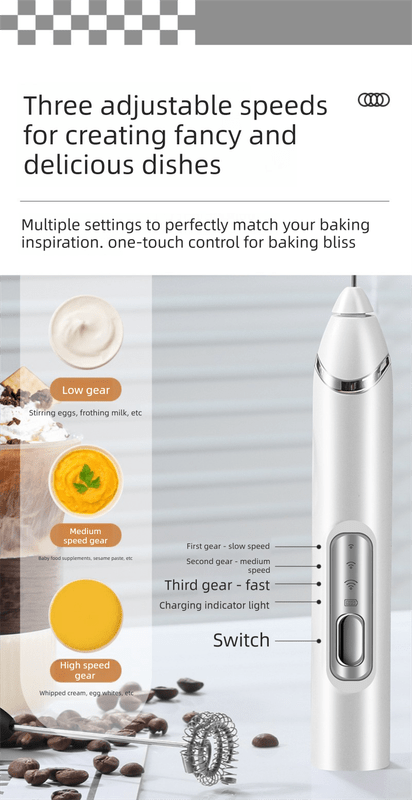Rechargeable 3 - in - 1 Milk Frother Set with Metal Stand - Handheld Electric Whisk, Egg Beater & Mixing Hook - 3 Speed Foam Maker for Coffee, Lattes & Baking (White) - RnR Galore