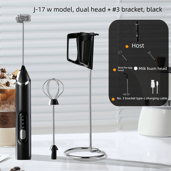 Rechargeable Electric Milk Frother with Metal Stand - Handheld Foam Maker & Egg Beater Set - 3 Speed Mixer with 2 Stainless Steel Whisks for Flat Whites, Lattes & Baking (Black) - RnR Galore