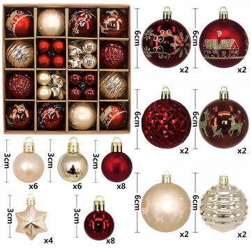 Red and white 44 - Piece Assorted Christmas Baubles Set with Elegant Designs in Wooden Gift Box - 3 - 6cm Decorative Ornaments for Tree, Home & Holiday Display - RnR Galore