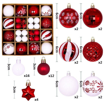 Red and white 44 - Piece Assorted Christmas Baubles Set with Elegant Designs in Wooden Gift Box - 3 - 6cm Decorative Ornaments for Tree, Home & Holiday Display - RnR Galore