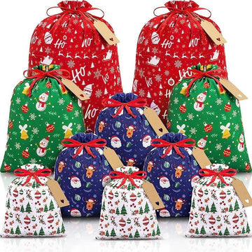 Red flannel Christmas Gift Drawstring Bags Set - Festive Burlap Style Pouches for Candy & Apples - Holiday Decoration - 10 Pcs - RnR Galore