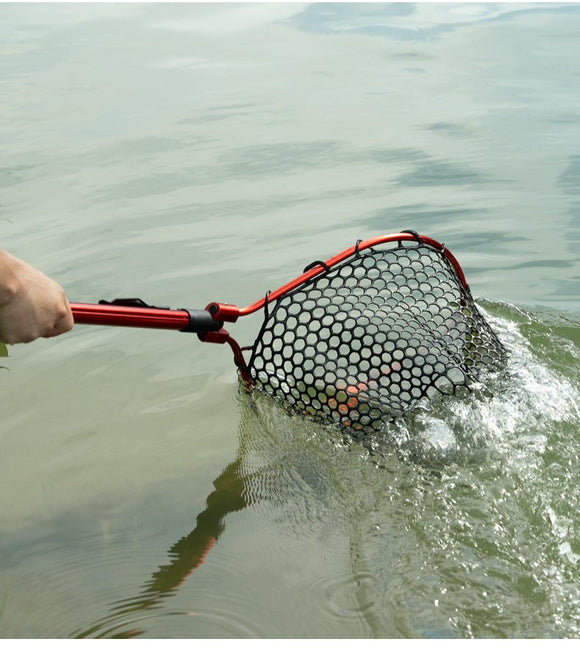Red High Strength Large Landing Net - Fishing Net with Foldable Handle and Soft Rubber Netting, Dip Net for Fishing, Ideal for Boat, Pier, River Angling - RnR Galore