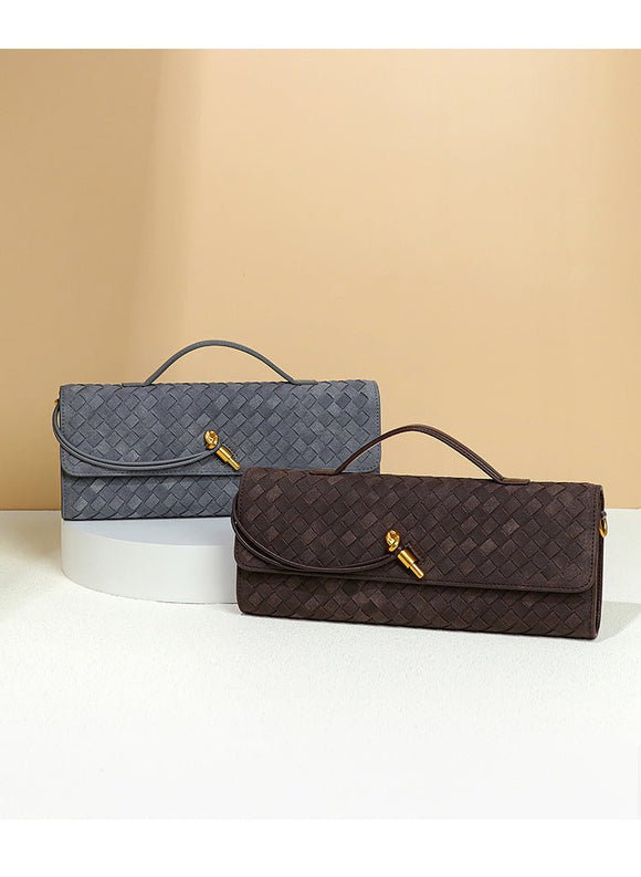 Retro Woven Baguette Handbag for Women Suede Texture PU Leather Shoulder Crossbody Bag Elegant Evening Clutch Warm gray - RnR Galore
