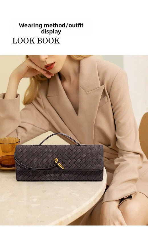 Retro Woven Baguette Handbag for Women Suede Texture PU Leather Shoulder Crossbody Bag Elegant Evening Clutch Warm gray - RnR Galore