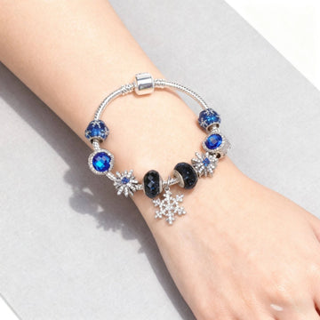 Rhinestone Blue Cat’s Eye Starry Glaze Beads Bracelet with Snowflake Pendant(17cm) - RnR Galore