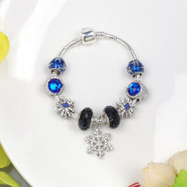 Rhinestone Blue Cat’s Eye Starry Glaze Beads Bracelet with Snowflake Pendant(20cm) - RnR Galore