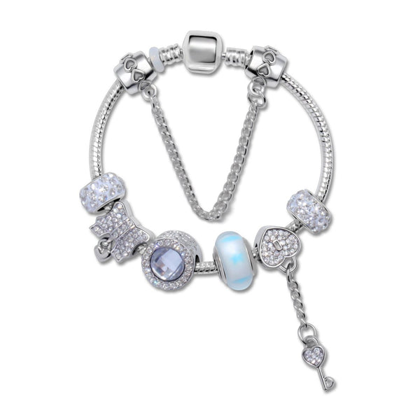 Rhinestone Cat's Eye Glass Bead Charm Bracelet - Heart Lock Pendant(16cm) - RnR Galore