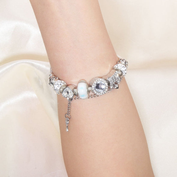 Rhinestone Cat's Eye Glass Bead Charm Bracelet - Heart Lock Pendant(18cm) - RnR Galore