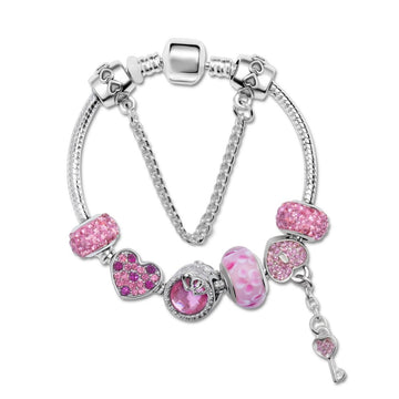 Rhinestone Heart & Bead Alloy Plated Bracelet with Happy Lock Pendant(19cm) - RnR Galore