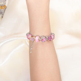 Rhinestone Heart & Bead Alloy Plated Bracelet with Happy Lock Pendant(20cm) - RnR Galore