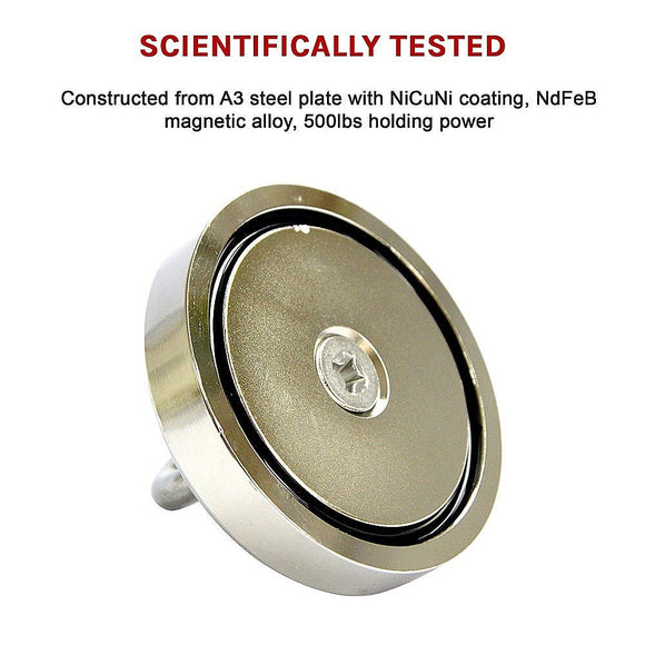 Round Neodymium Fishing Magnet with Countersunk Hole and Eyebolt, 500 LBS pull - RnR Galore