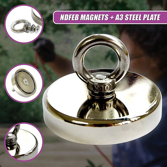 Round Neodymium Fishing Magnet with Countersunk Hole and Eyebolt, 500 LBS pull - RnR Galore