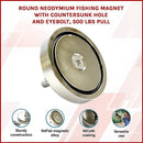 Round Neodymium Fishing Magnet with Countersunk Hole and Eyebolt, 500 LBS pull - RnR Galore