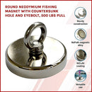 Round Neodymium Fishing Magnet with Countersunk Hole and Eyebolt, 500 LBS pull - RnR Galore