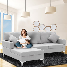 Sarantino Linen Corner Sofa Couch Lounge L - shape W/right Chaise Seat Light Grey - RnR Galore