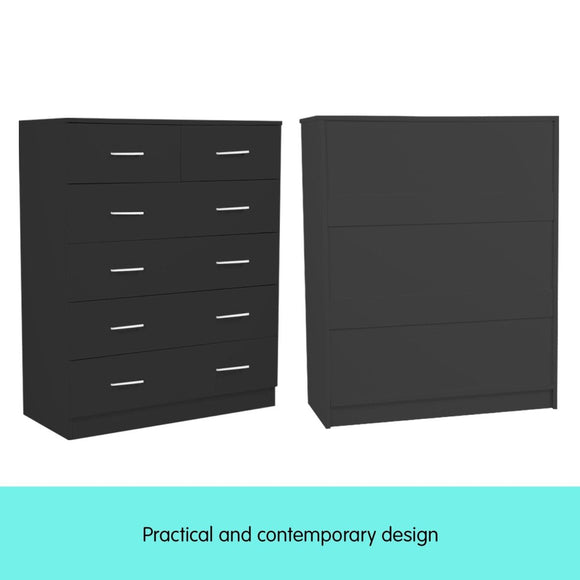 Sarantino Tallboy Dresser 6 Chest Of Drawers Table Cabinet Bedroom Storage Black - RnR Galore