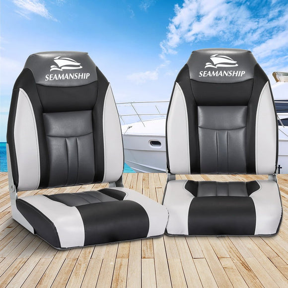 Seamanship 2X Folding Boat Seats Marine Seat Swivel High Back 12cm Padding Black - RnR Galore