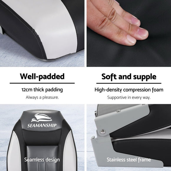 Seamanship 2X Folding Boat Seats Marine Seat Swivel High Back 12cm Padding Black - RnR Galore