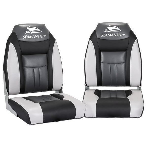 Seamanship 2X Folding Boat Seats Marine Seat Swivel High Back 12cm Padding Black - RnR Galore