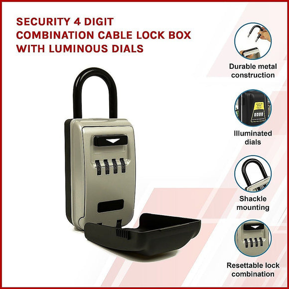 Security 4 Digit Combination Cable Lock Box With Luminous Dials - RnR Galore