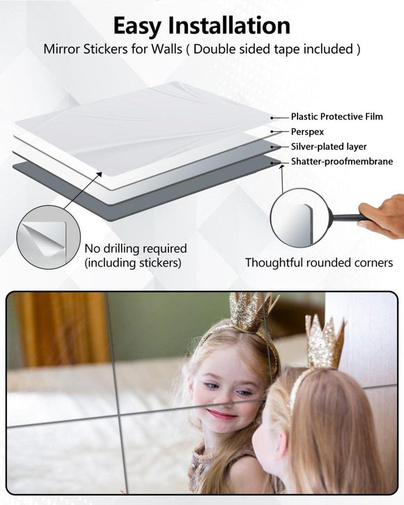 Shatterproof Acrylic Mirror Tiles – 4 - Pack Wall Stickers for Kids, Home Gym, Bedroom & Bathroom, Easy Peel - and - Stick Decorative Mirrors with Double - Sided Tape (Silver,12" x 12") - RnR Galore