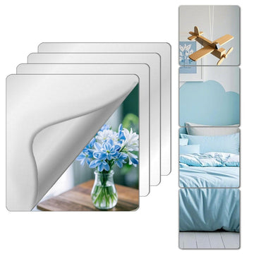 Shatterproof Acrylic Mirror Tiles – 4 - Pack Wall Stickers for Kids, Home Gym, Bedroom & Bathroom, Easy Peel - and - Stick Decorative Mirrors with Double - Sided Tape (Silver,12" x 12") - RnR Galore