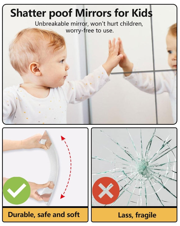 Shatterproof Acrylic Mirror Tiles – 4 - Pack Wall Stickers for Kids, Home Gym, Bedroom & Bathroom, Easy Peel - and - Stick Decorative Mirrors with Double - Sided Tape (Silver,8" x 8") - RnR Galore